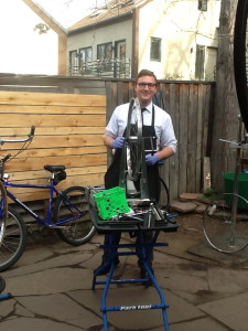 Fixing a Bike and Wearing Business Attire