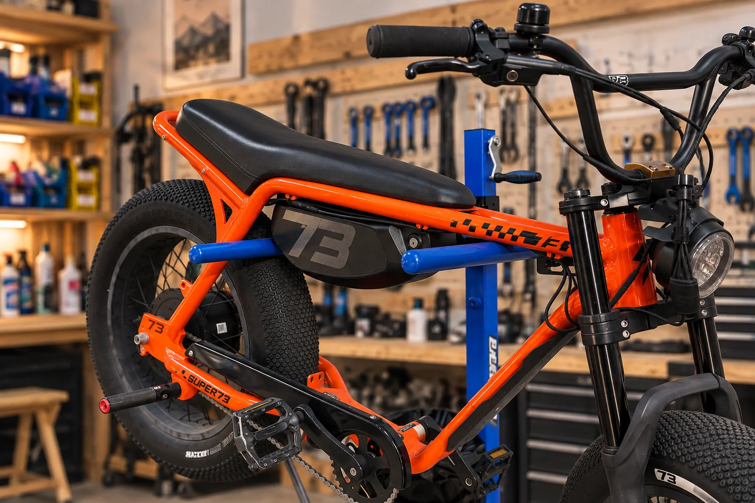 Standard-Bike-Repair-Super73-Hero Orange Super73 electric bike on a repair stand inside Standard Bike Repair in Boulder